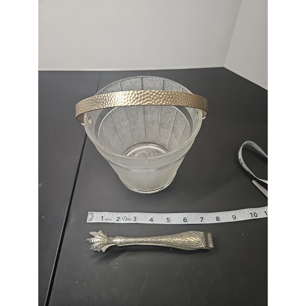 Vintagr Depression Textured Clear Glass Keg Barware Ice Bucket w/ Handle & Tongs - Picture 7 of 10